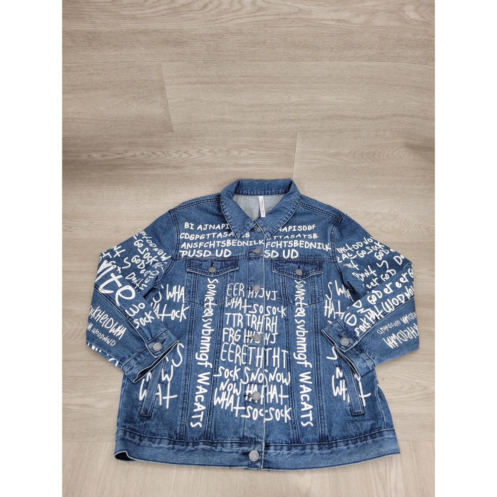 American Bazi Graffiti Denim Jacket Women's Large Blue Distressed Oversized